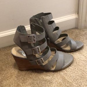 Grey buckle wedges